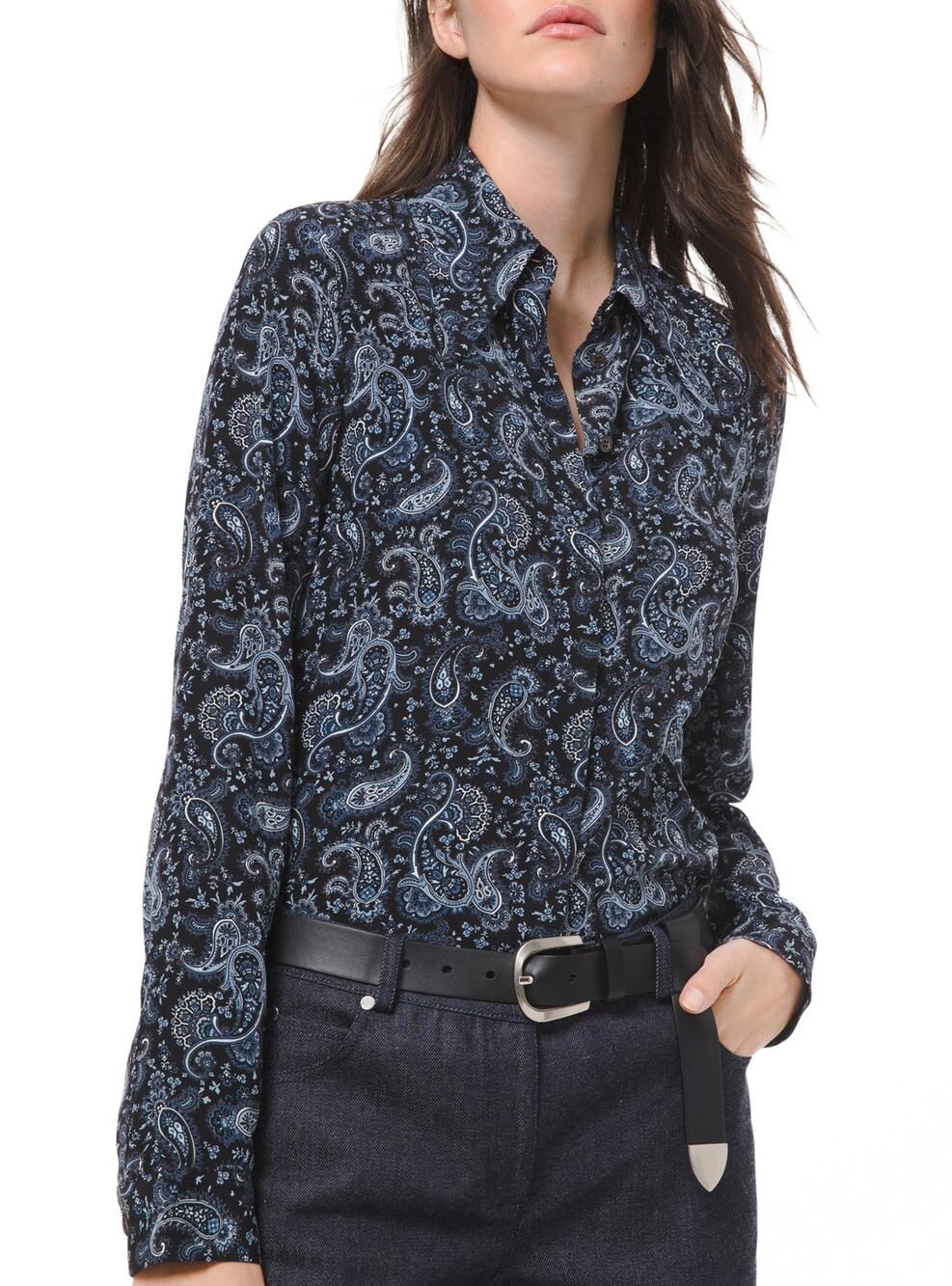Michael Kors Collection Black & Blue Crepe De Chine Western Paisley Blouse 8